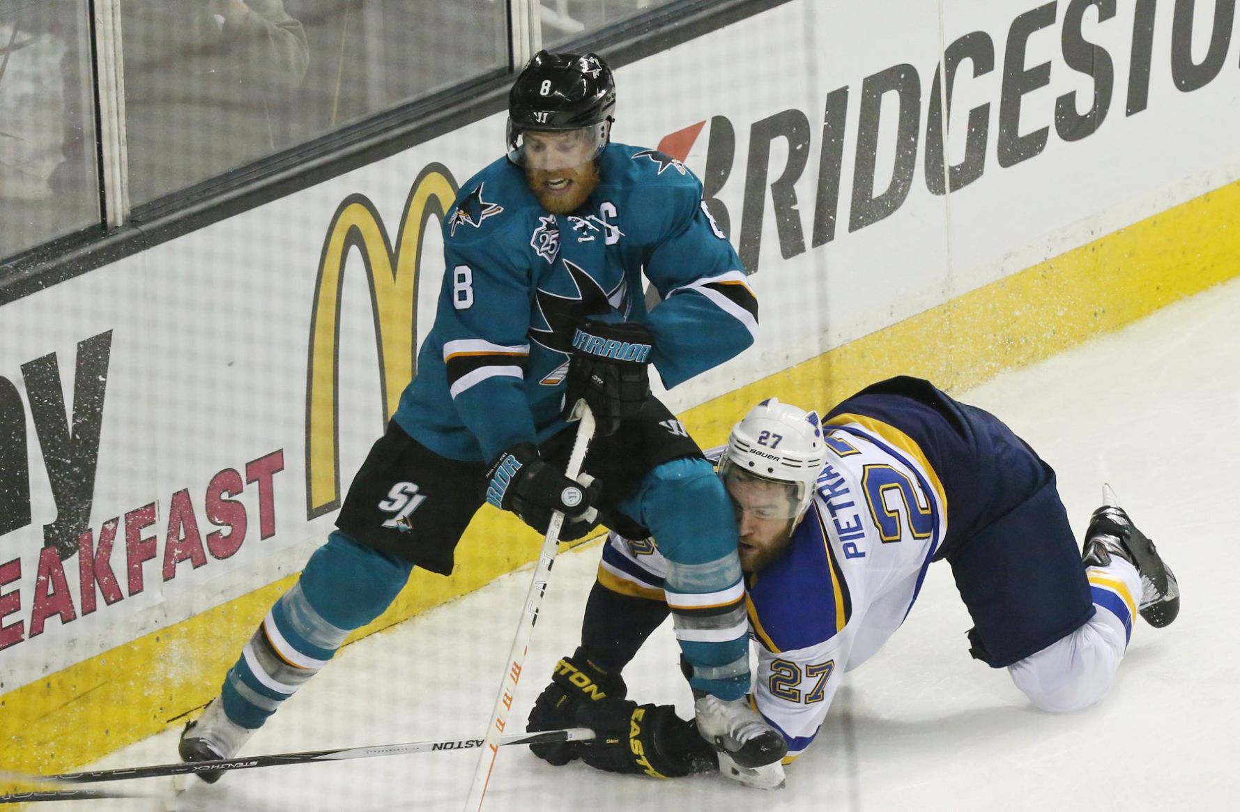 The Blues and Sharks battle in Game 3 at San Jose